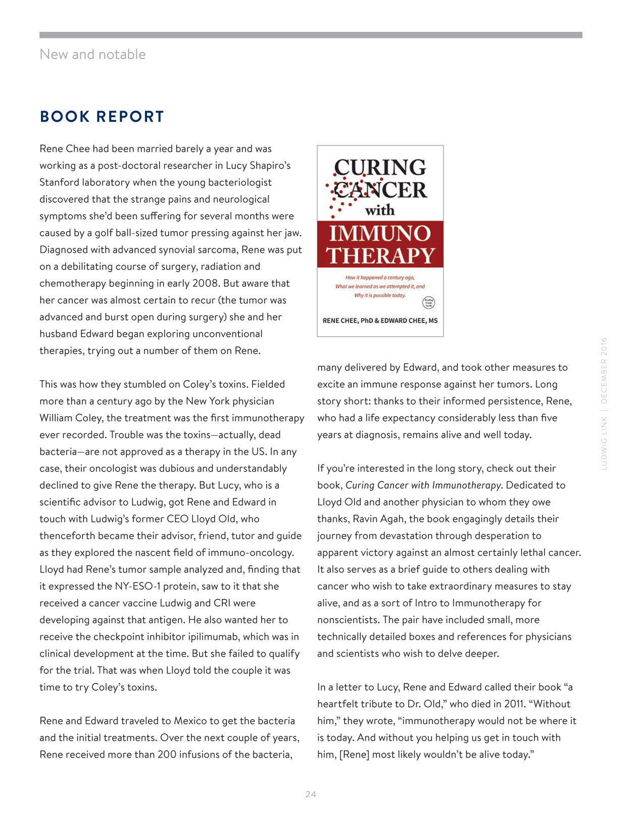 Curing cancer with immunotherapy book report Ludwig Link Newsletter